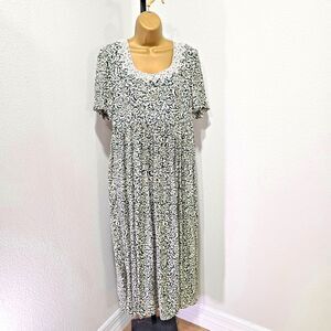 Vtg Floral Dress M Long Green Cream Lace Collar Cottage Peasant Prairie Made USA